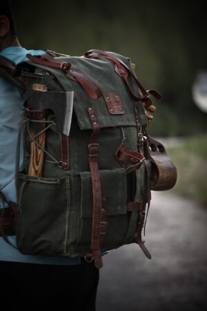 Customizable 50L Green Leather Camping Backpack for Hiking, Bushcraft, and Travel