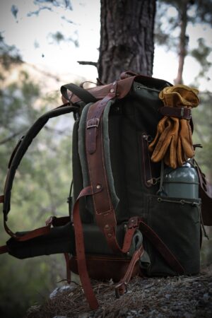 Customizable 50L Green Leather Camping Backpack for Hiking, Bushcraft, and Travel