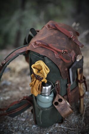 Customizable 50L Green Leather Camping Backpack for Hiking, Bushcraft, and Travel