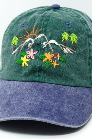 Hand Embroidered Mountain Flower Trees 2-Tone Green Beige Washed Cotton Baseball Cap for Summer Sun Protection