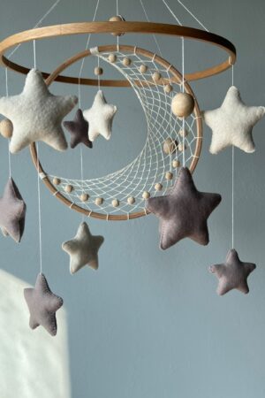 Celestial Dreams Moon and Star Macrame Crib Mobile for a Tranquil Nursery