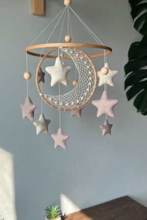 Celestial Dreams Moon and Star Macrame Crib Mobile for a Tranquil Nursery