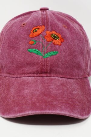 Embroidered Red Poppy Baseball Cap Washed Cotton, Curved Brim, Summer Style