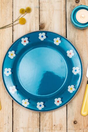 Enamelhappy Ocean Teal Blue Retro Floral Enamel Plates Perfect for Camping, Picnics, and Outdoor Adventures