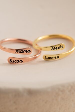 Personalized Engraved Open Style Rounded Edge Wrap Name Ring for Stacking by Caitlyn Minimalist