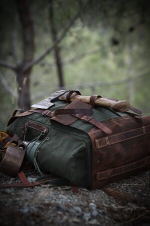 Customizable 50L Green Leather Camping Backpack for Hiking, Bushcraft, and Travel