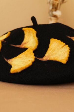 Autumn's Embrace Handcrafted Felted Beret with Fallen Ginkgo Leaves