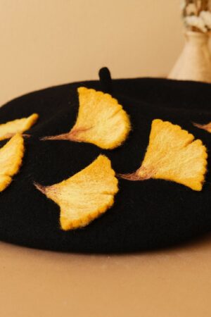 Autumn's Embrace Handcrafted Felted Beret with Fallen Ginkgo Leaves