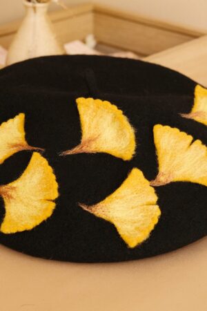 Autumn's Embrace Handcrafted Felted Beret with Fallen Ginkgo Leaves