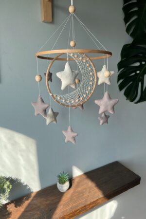 Celestial Dreams Moon and Star Macrame Crib Mobile for a Tranquil Nursery