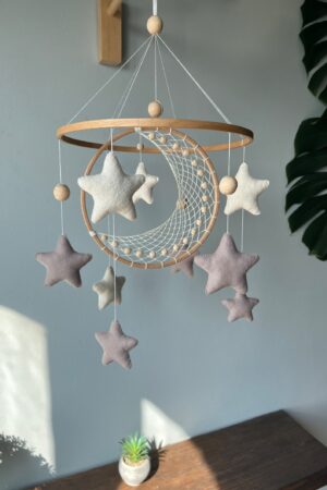 Celestial Dreams Moon and Star Macrame Crib Mobile for a Tranquil Nursery