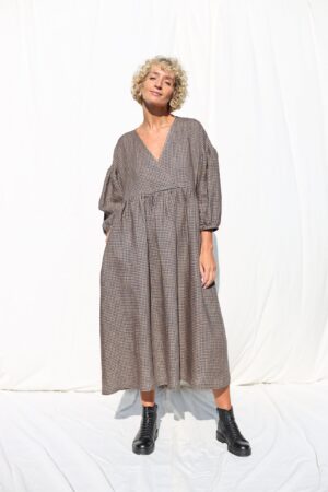 Gingham Linen V-Neck Puffy Sleeve Dress A Timeless Summer Staple from OFFON CLOTHING