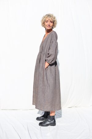 Gingham Linen V-Neck Puffy Sleeve Dress A Timeless Summer Staple from OFFON CLOTHING