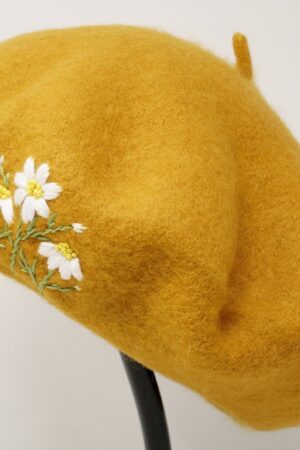 Mustard Yellow Daisy Embroidered Wool Beret A Touch of French Chic for Winter