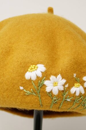 Mustard Yellow Daisy Embroidered Wool Beret A Touch of French Chic for Winter