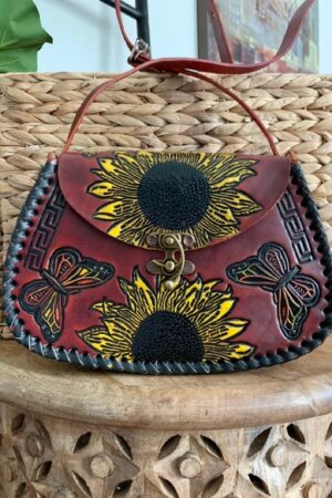 Exquisite Handcrafted Mexican Floral Leather Handbag A Symphony of Sunflowers and Butterflies