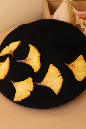 Autumn's Embrace Handcrafted Felted Beret with Fallen Ginkgo Leaves