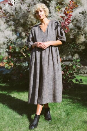 Gingham Linen V-Neck Puffy Sleeve Dress A Timeless Summer Staple from OFFON CLOTHING