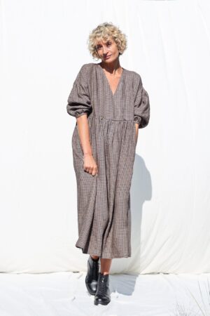 Gingham Linen V-Neck Puffy Sleeve Dress A Timeless Summer Staple from OFFON CLOTHING