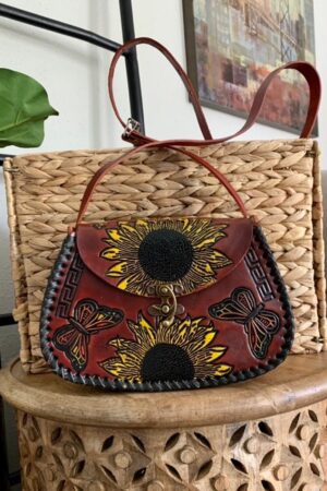 Exquisite Handcrafted Mexican Floral Leather Handbag A Symphony of Sunflowers and Butterflies