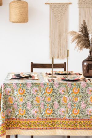 Burnt Orange and Olive Green Floral Indian Hand Block Printed Rectangle Tablecloth A Bohemian Tapestry for Your Dining Table