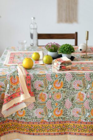 Burnt Orange and Olive Green Floral Indian Hand Block Printed Rectangle Tablecloth A Bohemian Tapestry for Your Dining Table