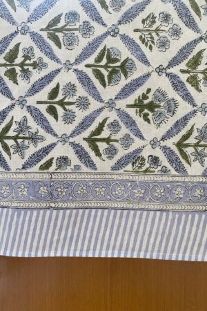 Handcrafted Elegance Light Steel Blue and Olive Green Block Printed Cotton Tablecloth for Memorable Gatherings