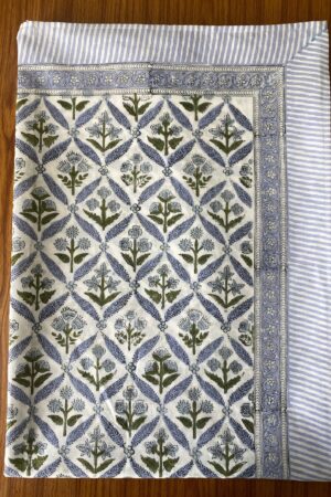 Handcrafted Elegance Light Steel Blue and Olive Green Block Printed Cotton Tablecloth for Memorable Gatherings