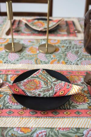 Burnt Orange and Olive Green Floral Indian Hand Block Printed Rectangle Tablecloth A Bohemian Tapestry for Your Dining Table