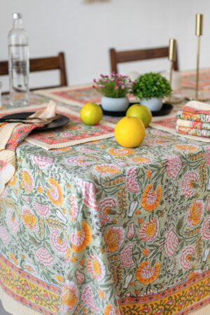 Burnt Orange and Olive Green Floral Indian Hand Block Printed Rectangle Tablecloth A Bohemian Tapestry for Your Dining Table