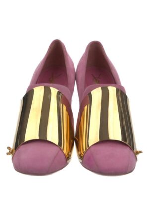 Vintage YSL Yves Saint Laurent Rive Gauche Pink Suede Leather Pumps with Gold Metal Accents - Size 39 (US 8.5-9)