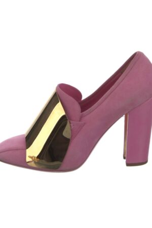 Vintage YSL Yves Saint Laurent Rive Gauche Pink Suede Leather Pumps with Gold Metal Accents - Size 39 (US 8.5-9)