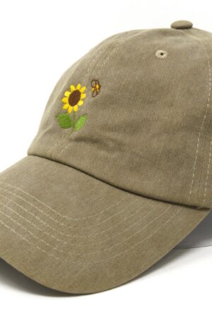 Sunflower Bee Embroidered Summer Baseball Cap Washed Cotton Curve Brim Hat