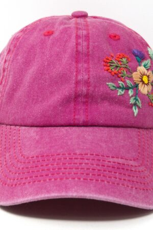 Hand Embroidered Floral Wash Cotton Baseball Cap Unique Summer Sun Hat with Curve Brim