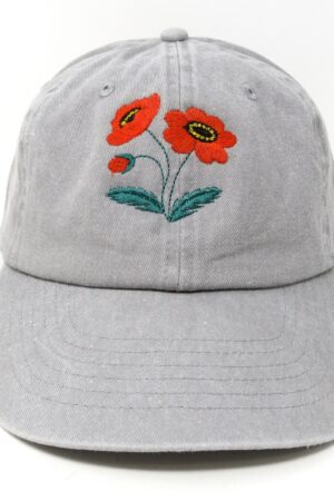 Embroidered Red Poppy Baseball Cap Washed Cotton, Curved Brim, Summer Style