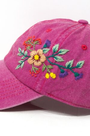 Hand Embroidered Floral Wash Cotton Baseball Cap Unique Summer Sun Hat with Curve Brim