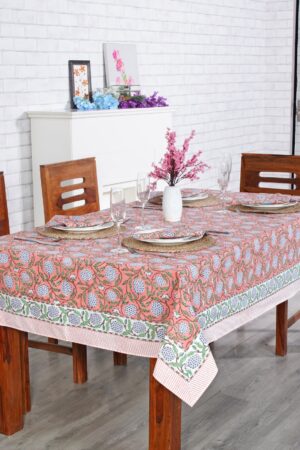 Handcrafted Indian Tablecloth Vibrant Hues of Salmon Pink, Sage Green, and Delft Blue