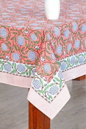 Handcrafted Indian Tablecloth Vibrant Hues of Salmon Pink, Sage Green, and Delft Blue