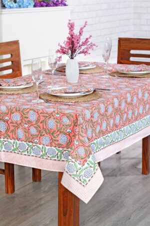 Handcrafted Indian Tablecloth Vibrant Hues of Salmon Pink, Sage Green, and Delft Blue