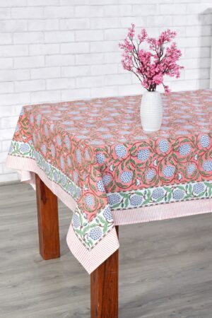 Handcrafted Indian Tablecloth Vibrant Hues of Salmon Pink, Sage Green, and Delft Blue