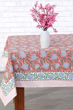 Handcrafted Indian Tablecloth Vibrant Hues of Salmon Pink, Sage Green, and Delft Blue