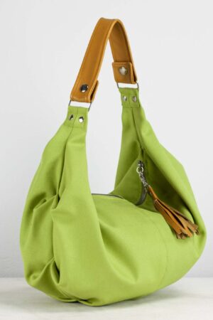 Lime Green Canvas Hobo Bag with Brown Leather Accents The Perfect Everyday Purse