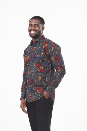 Vibrant Navy and Red Ankara Long Sleeve Ghana Shirt for Men by Zedi