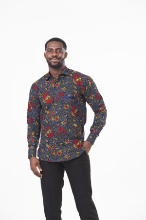 Vibrant Navy and Red Ankara Long Sleeve Ghana Shirt for Men by Zedi