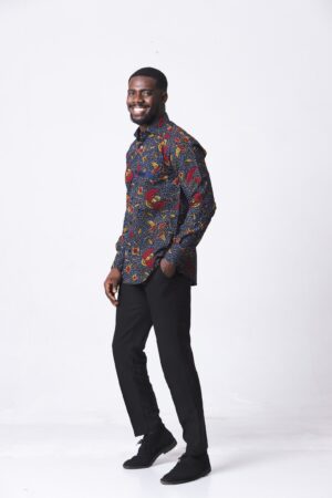 Vibrant Navy and Red Ankara Long Sleeve Ghana Shirt for Men by Zedi