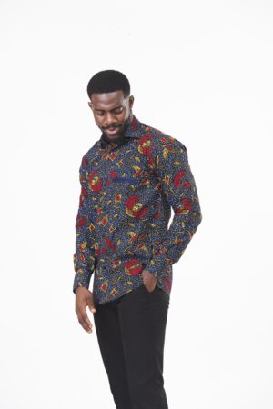 Vibrant Navy and Red Ankara Long Sleeve Ghana Shirt for Men by Zedi