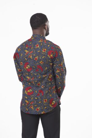 Vibrant Navy and Red Ankara Long Sleeve Ghana Shirt for Men by Zedi