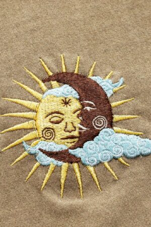 Celestial Tapestry Embroidered Sun and Moon T-shirt for Bohemian Souls