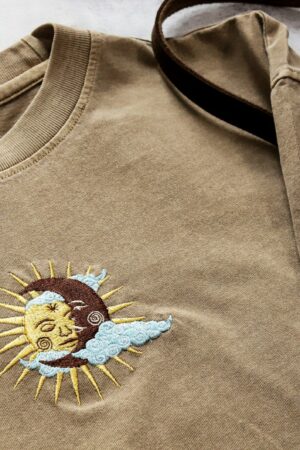 Celestial Tapestry Embroidered Sun and Moon T-shirt for Bohemian Souls