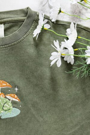 Embroidered Nature's Embrace Personalized Frog and Mushroom T-shirt for Nature Enthusiasts